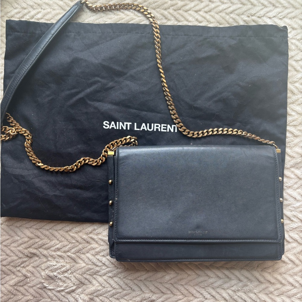 Saint Laurent Navy Leather Crossbody Bag with Gold Chain